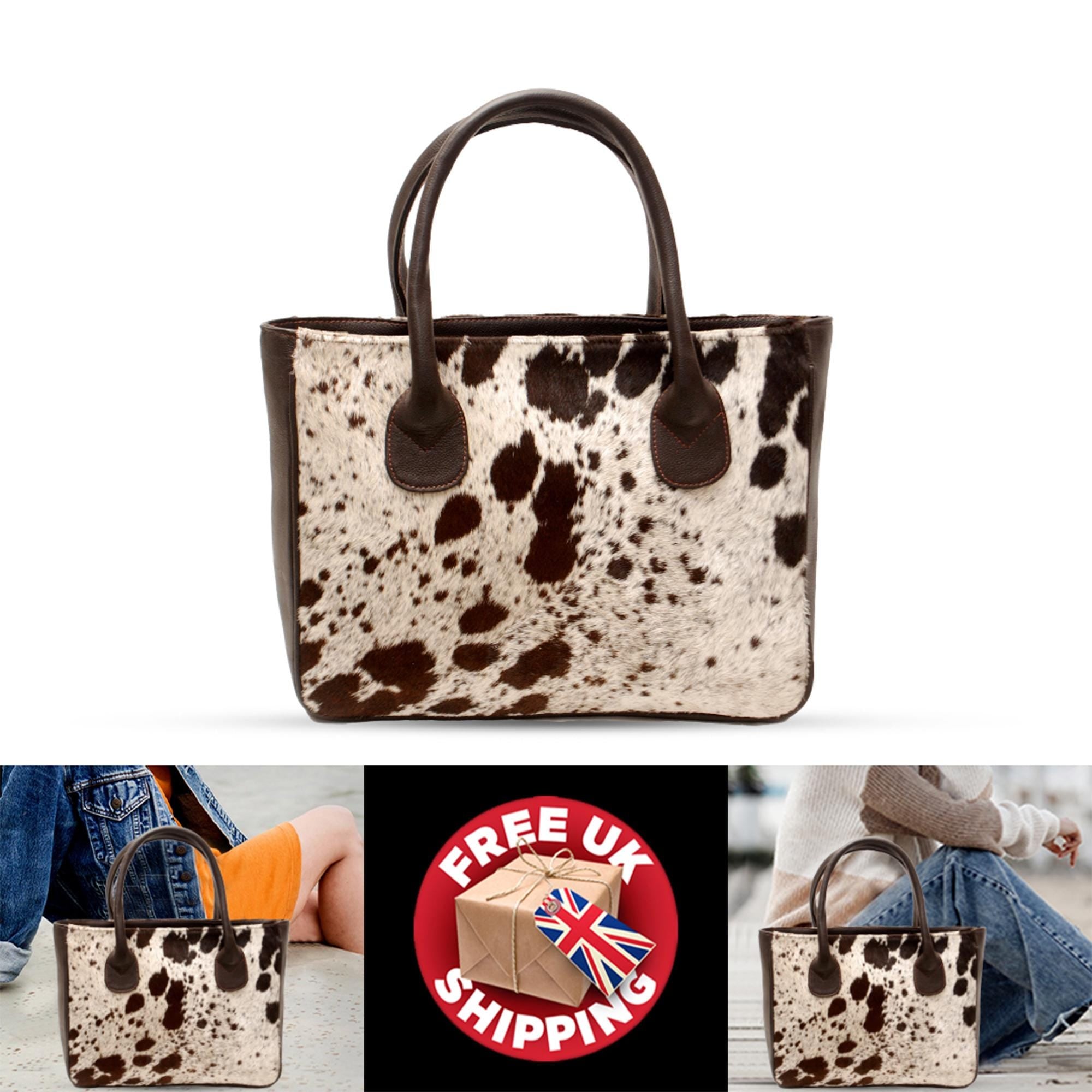 Luxurious Cowhide Shoulder Bag in Dark Brown and White Animal Print - Handmade Leather Tote for Women, Stylish Daily Handbag