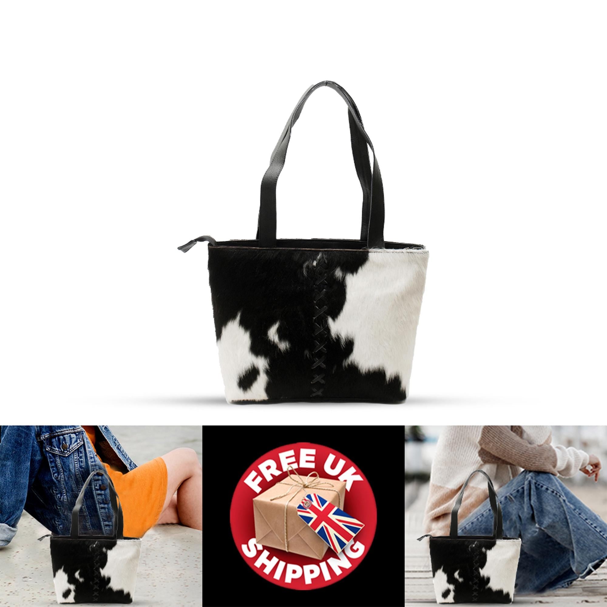 Luxurious Black & White Cowhide Shoulder Bag - Handmade Hair-On Leather Cowskin Purse for Women, Stylish - Practical Everyday Tote Bag