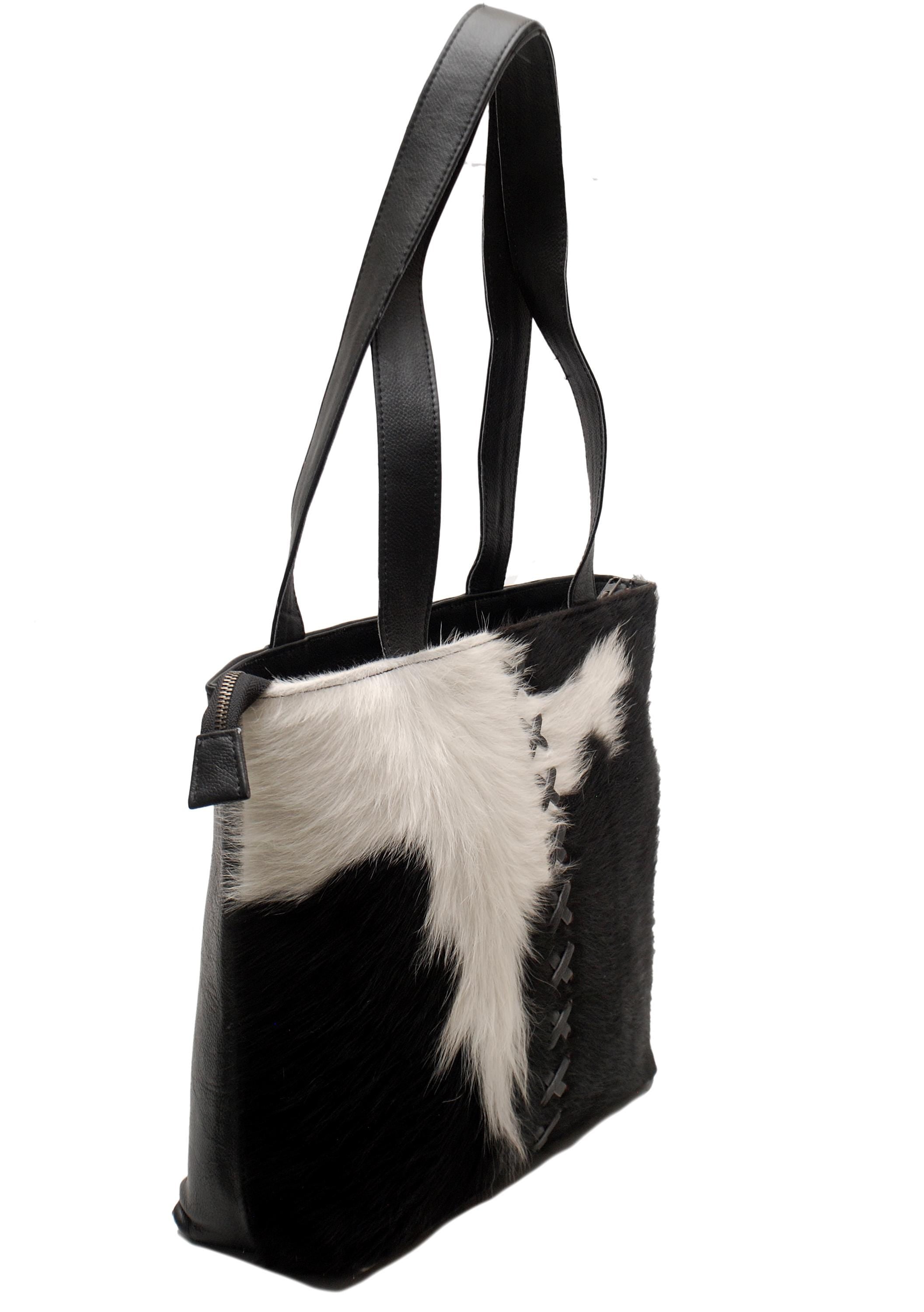 Handmade Black & White Cowhide Shoulder Bag - Stylish Hair-On Leather Purse for Women's Daily Use