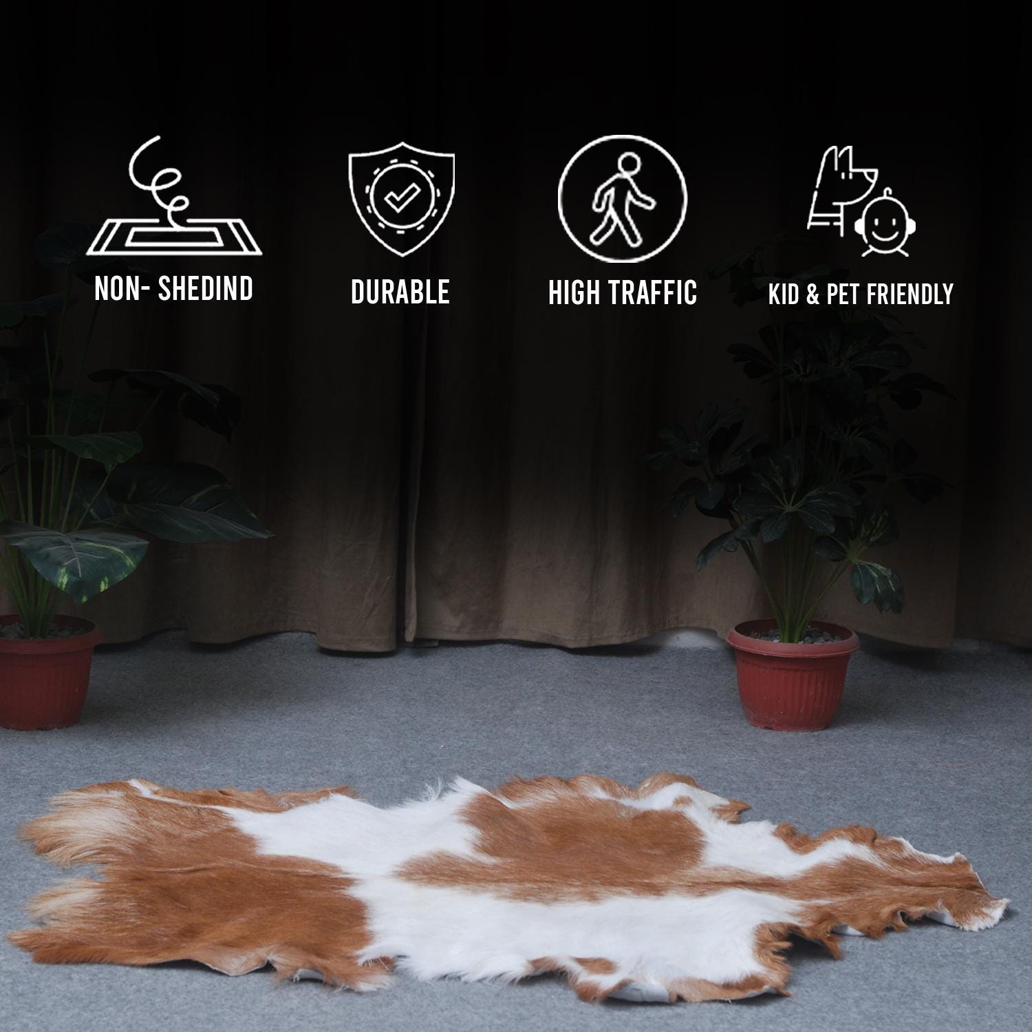 Luxury Brown and White Natural Goat Skin Rug with Modern Graphic Pattern for Stylish Wall Décor - Hypoallergenic and Non-Shedding, - Celestial Leather Limited