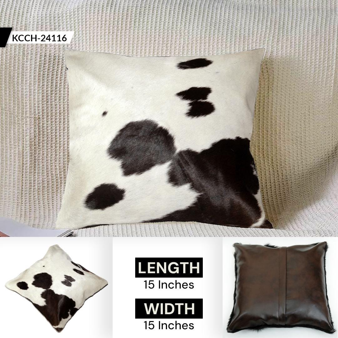 Luxurious Genuine Leather Cowhide Cushion Cover with Hair-on Detail for Stylish Home Decor - Black & White Animal Skin Design