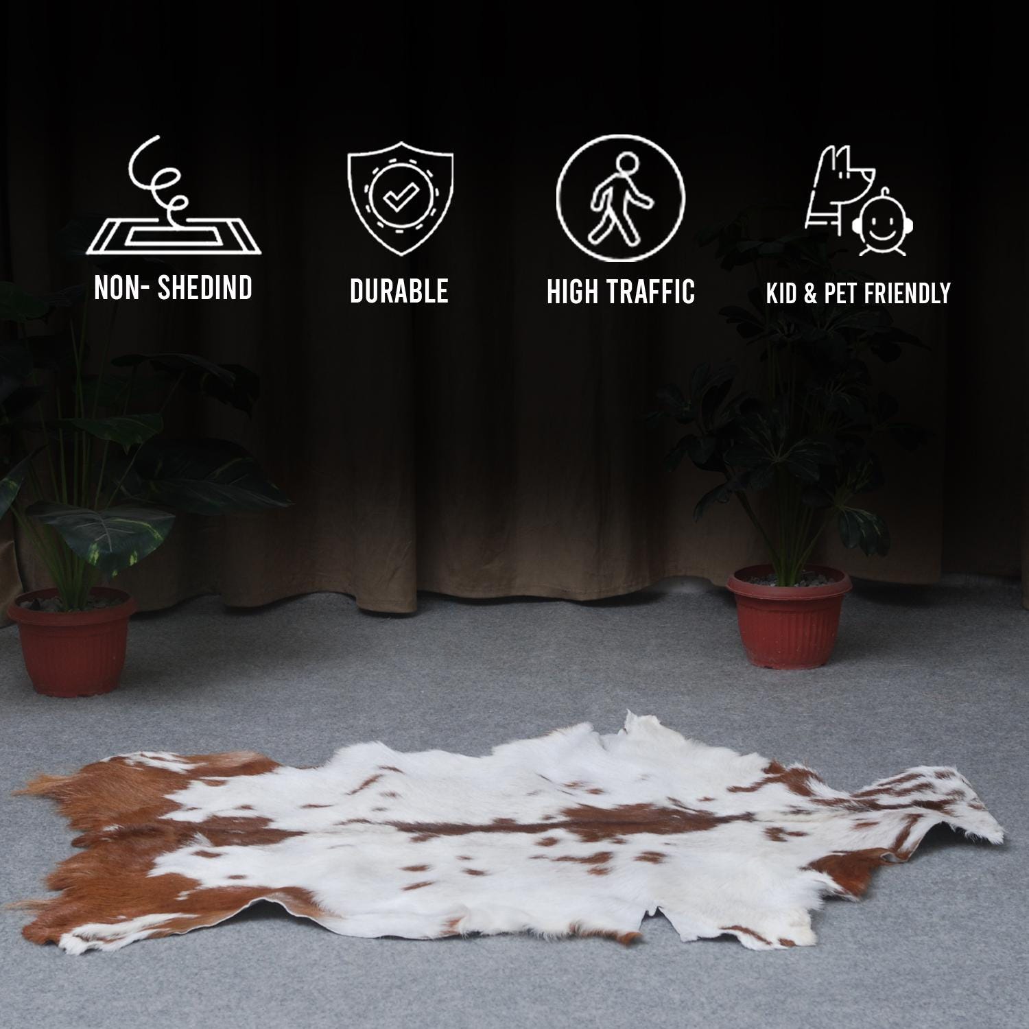 Luxury Brown & White Goat Skin Rug - Handmade Pure Goat Skin Floor Rug with Unique Colour Variations & Hypoallergenic Qualities - Celestial Leather Limited
