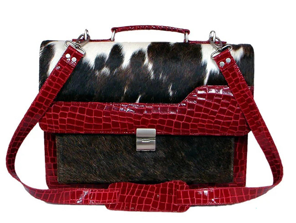 Stunning Black N White Cowhide Shoulder Bag with Red Crocodile Print Strap - Handmade Leather Bag with Celestial Leather Hide - Unique - Celestial Leather Limited