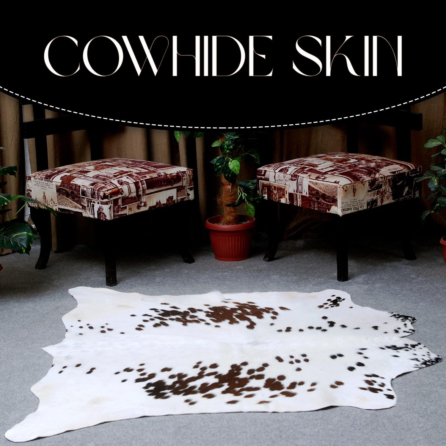 Luxurious Brown & White Cowhide Area Rug | Exotic Animal Skin Carpet for Home Decor | Hypoallergenic - Non-Slip | Large Size - Free UK - Celestial Leather Limited