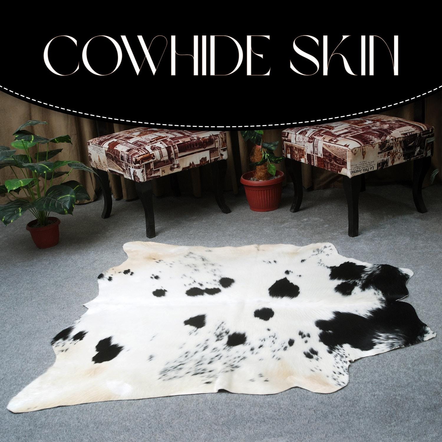 Luxurious Medium Black and White Cowhide Rug | Hypoallergenic, Non-Slip Backing, Handcrafted Quality | Unique Natural Beauty for Bedroom - Celestial Leather Limited