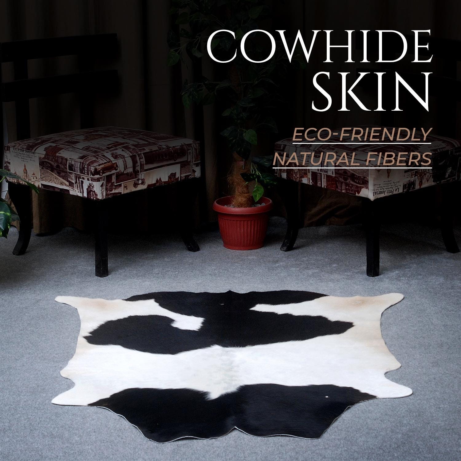 Luxurious Black & White Cowhide Rug with Non-Slip Backing - Handcrafted Natural Beauty for Modern Home Décor - Medium Size, Hypoallergenic - Celestial Leather Limited