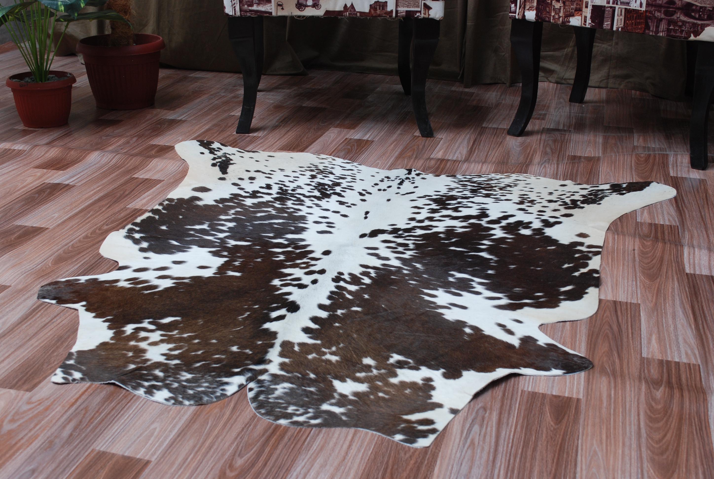 Luxurious Dark Brown & White Cowhide Rug - Small Animal Print Area Rug - Celestial Leather Limited