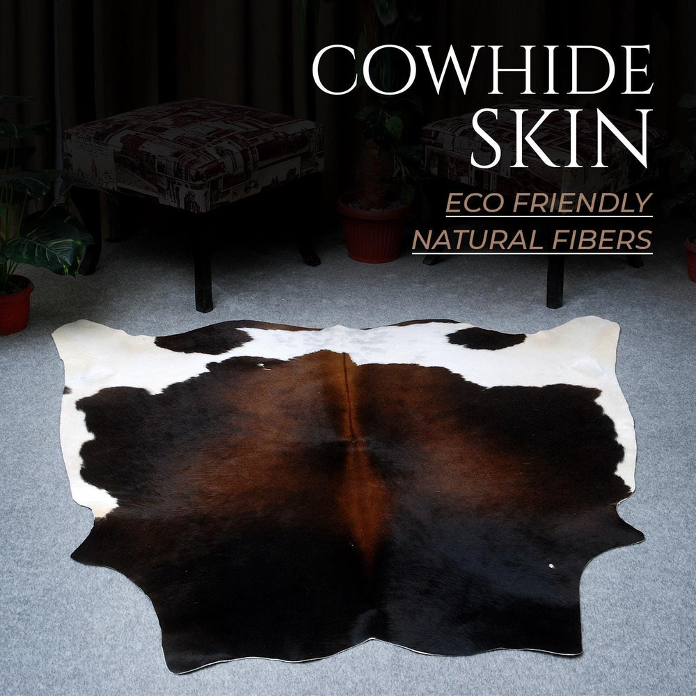 Luxurious Natural Dark Brown & White Cowhide Rug for Chic Lounge Decor - Large Size, Hypoallergenic, Non-Slip Suede Back, Free Shipping in - Celestial Leather Limited